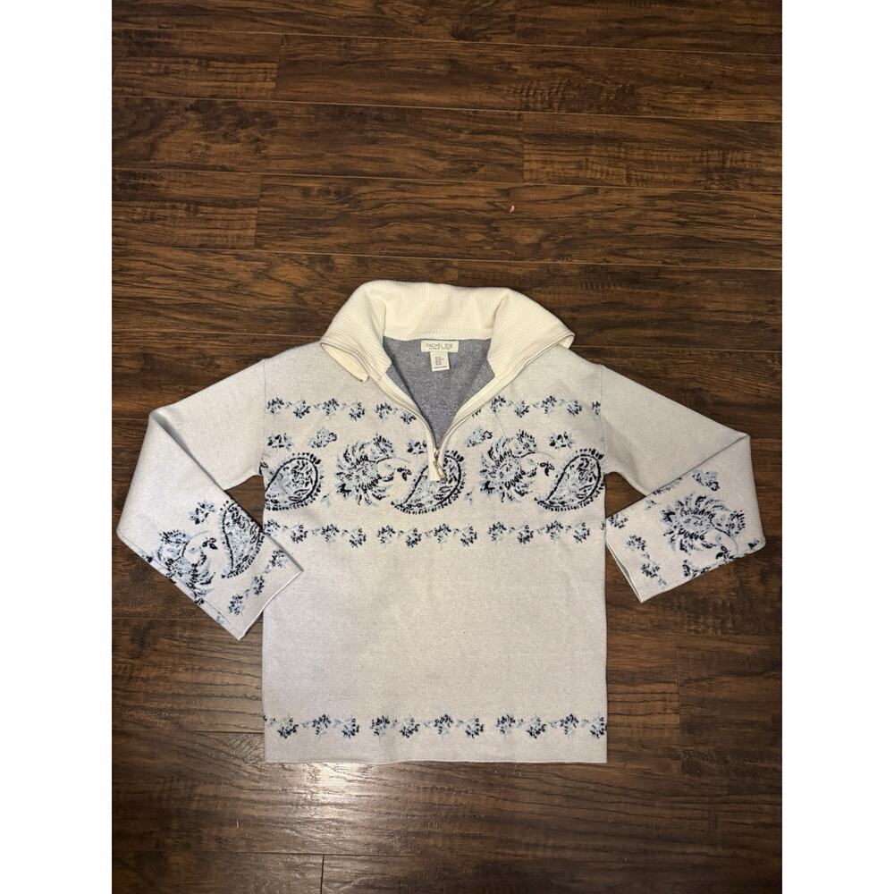 Rachel Zoe Quarter Zip Collared Sweater White Blue Paisley Winter Size XS